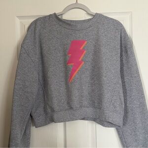 Celebrity Pink Gray Cropped Sweatshirt with Pink & Orange Lightning Bolt